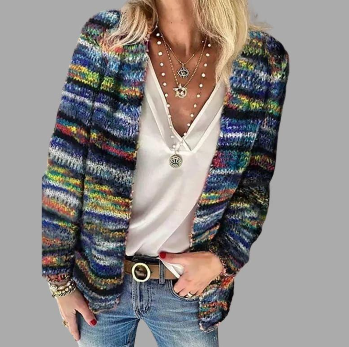 Nyella | Striped Open-Front Cardigan with Patch Pockets