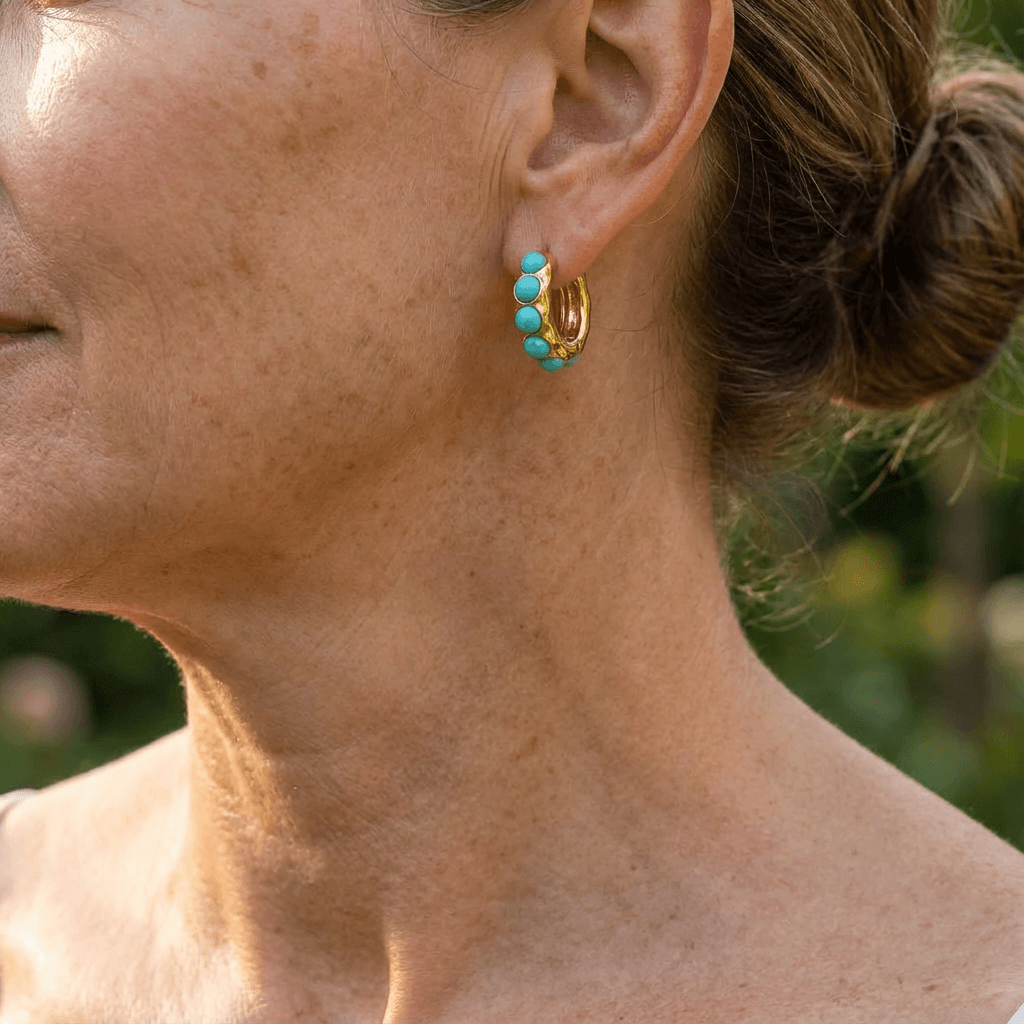 Bold Turquoise Stone Sculpted Hoop Earrings 1