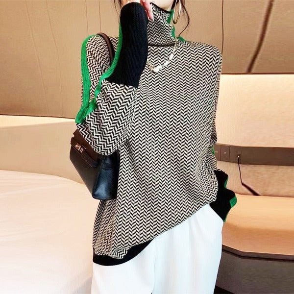 Eleanor | Women's Herringbone Turtleneck Sweater, Relaxed Fit