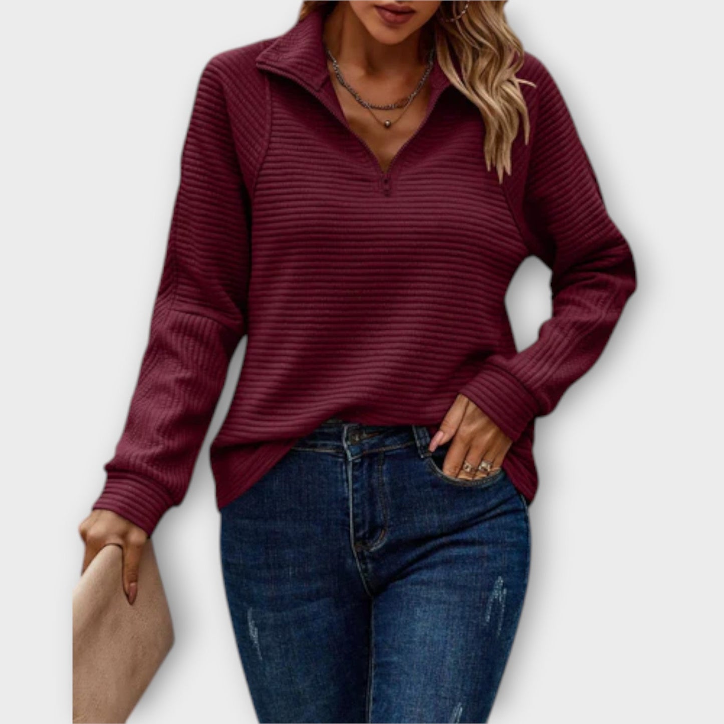 Marisol | Women's V Neck Pullover Sweater Zip Detail