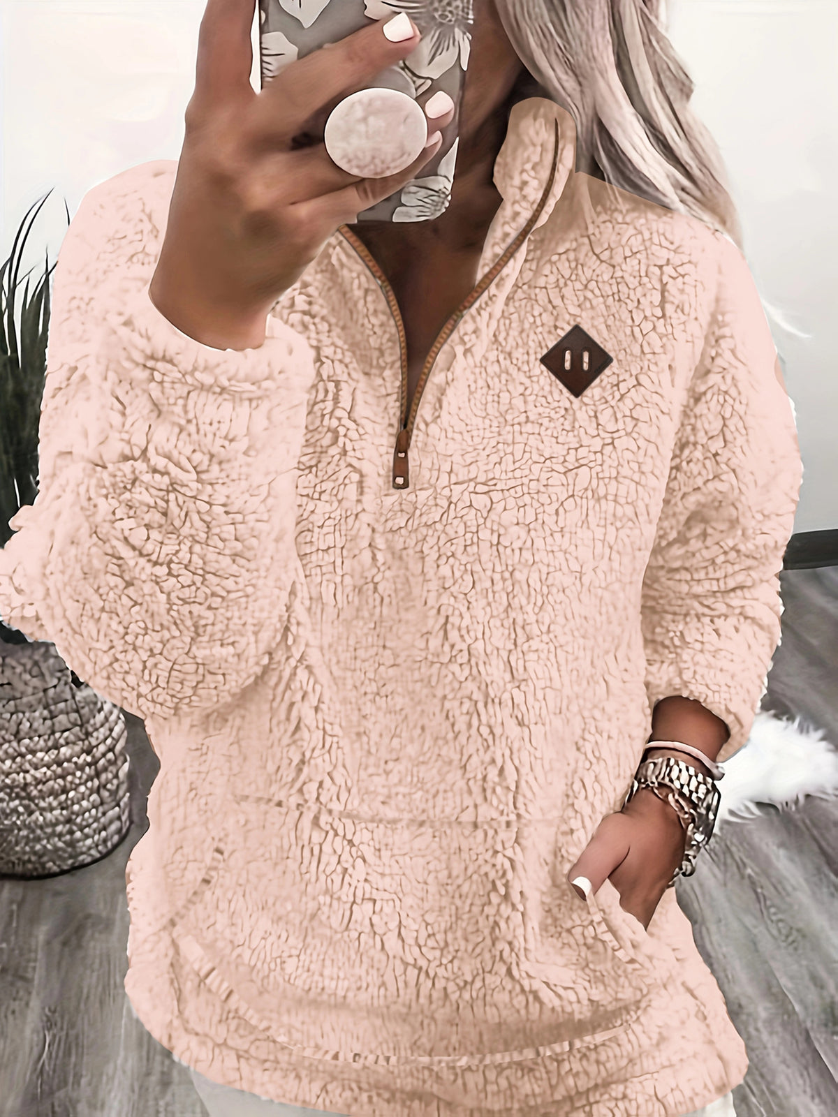 Elin | Textured Quarter Zip Sweater with Chest Patch for Women