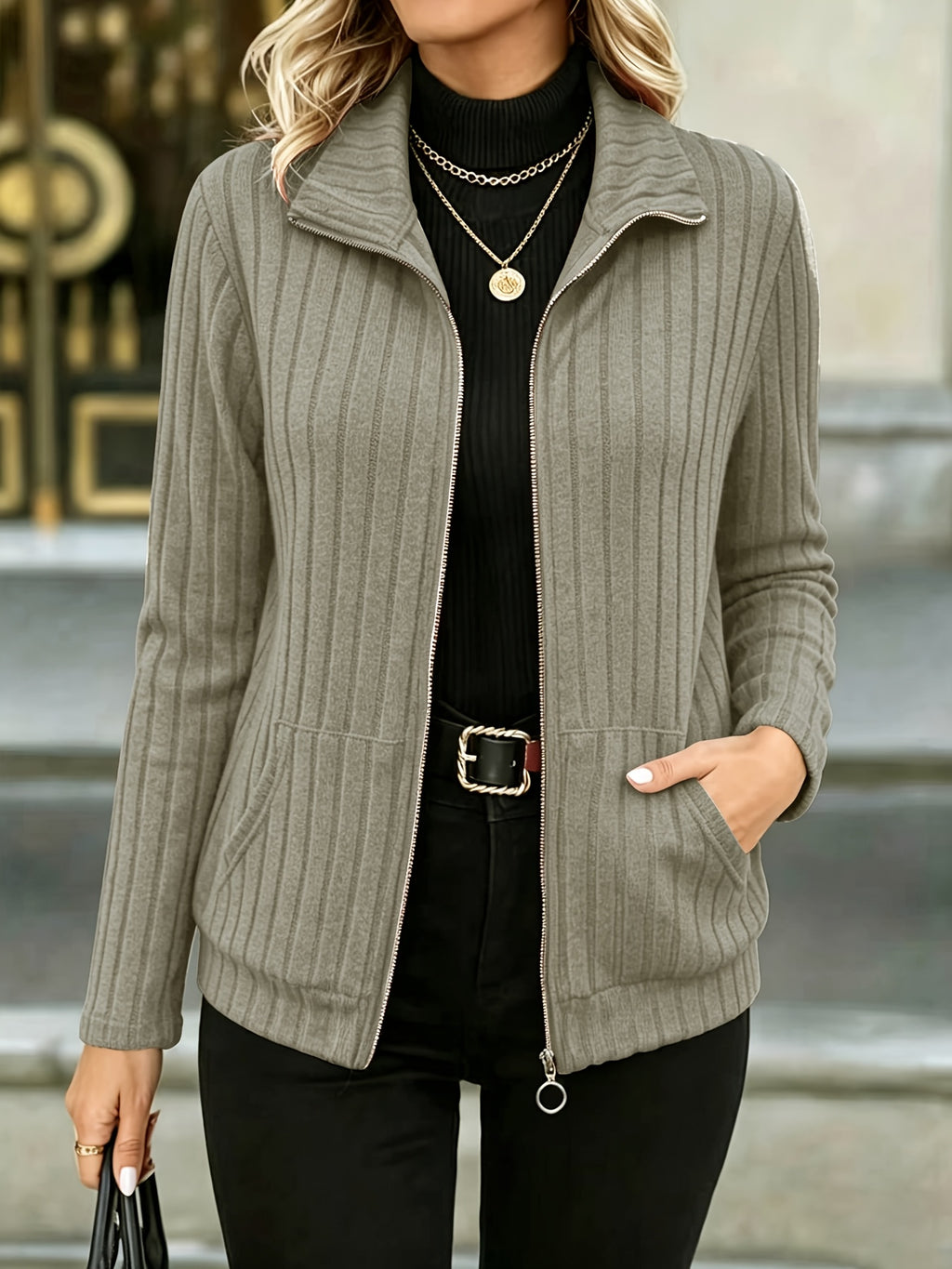 Priska | Ribbed Zip-Front Blazer Jacket with Pockets for Women
