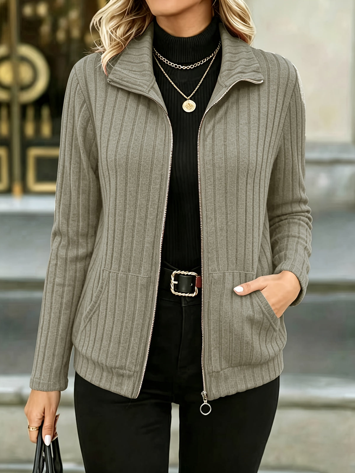 Priska | Ribbed Zip-Front Blazer Jacket with Pockets for Women