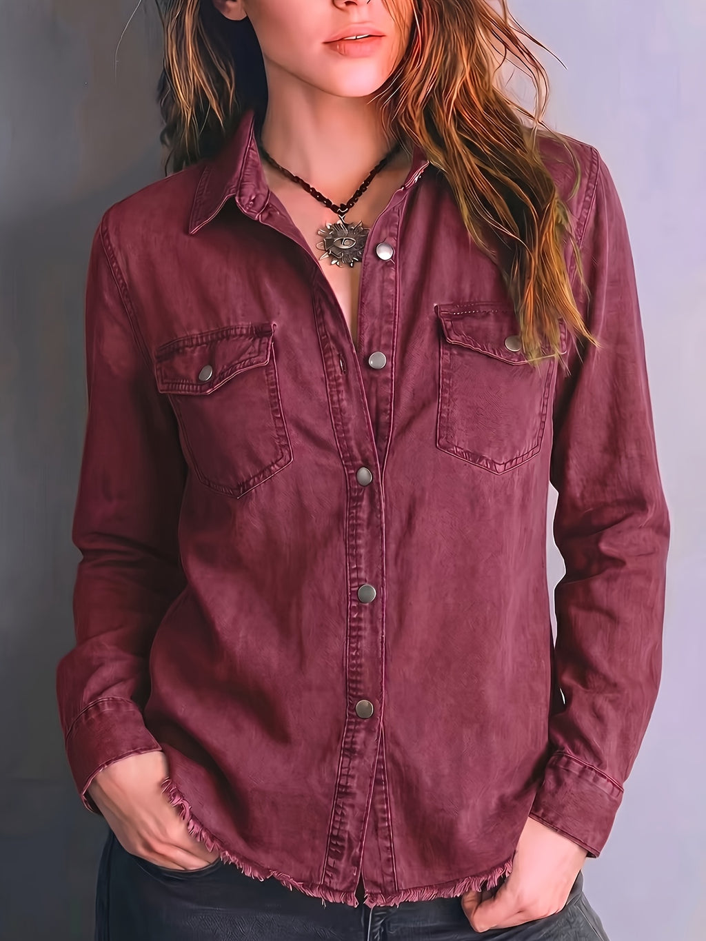 Ariane | Washed Button-Front Shirt with Fringe Hem for Women