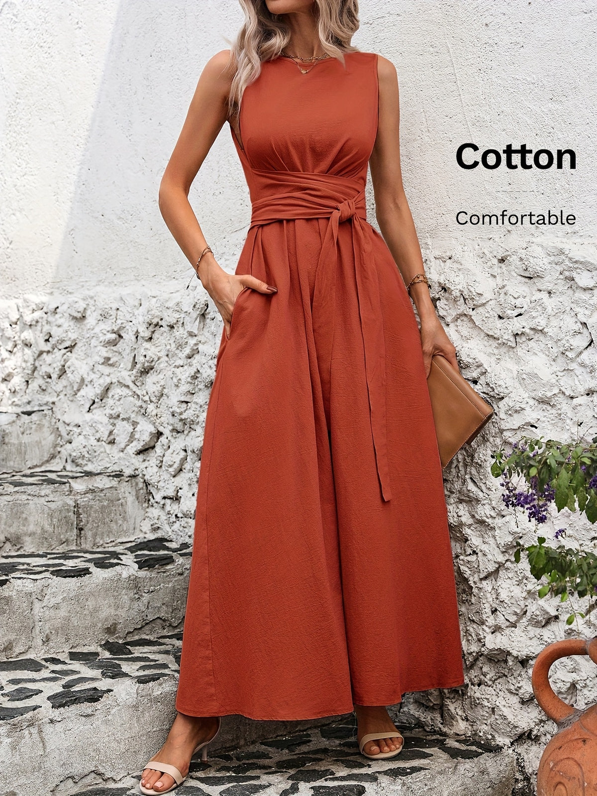 Caroline | Belted Wrap-Waist Sleeveless Maxi Dress for Women