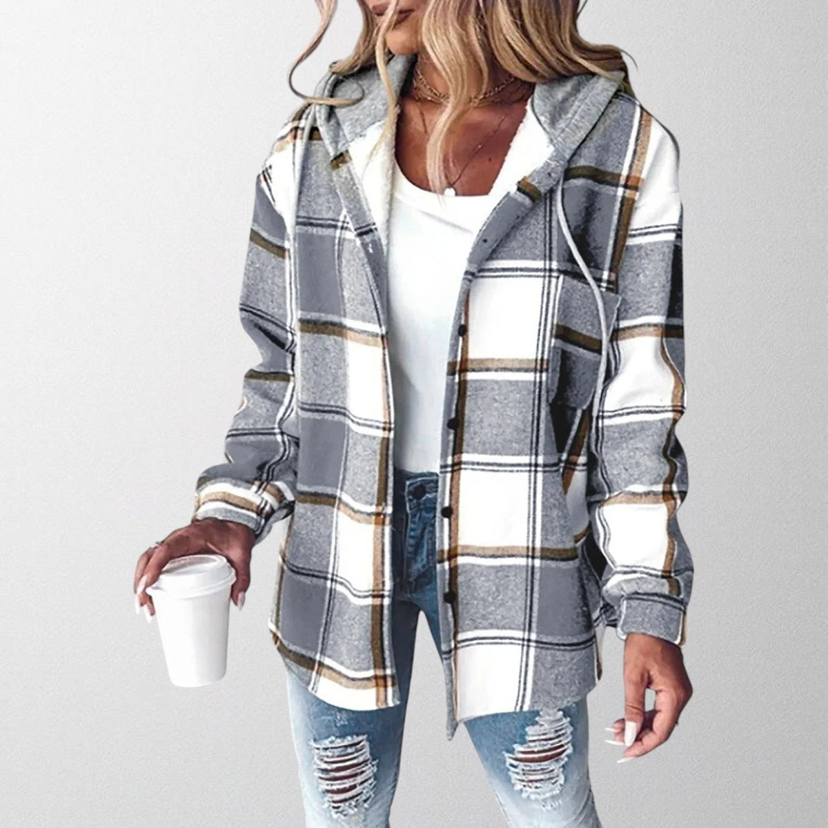 Nadelyn | Plaid Hooded Zip-Up Jacket with Side Pockets
