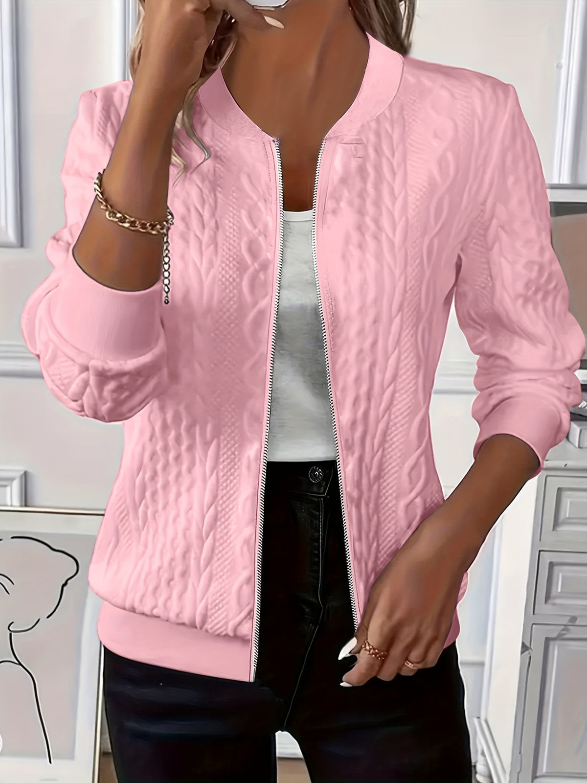 Odelia Cable-Textured Zip-Up Bomber Jacket for Women