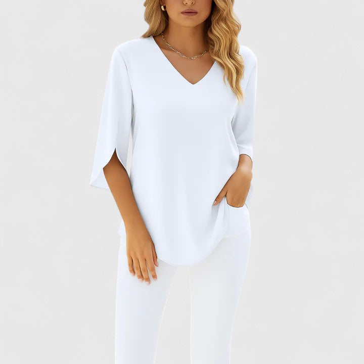 Violetta | Women's V-Neck Blouse Relaxed-Fit Long Sleeve