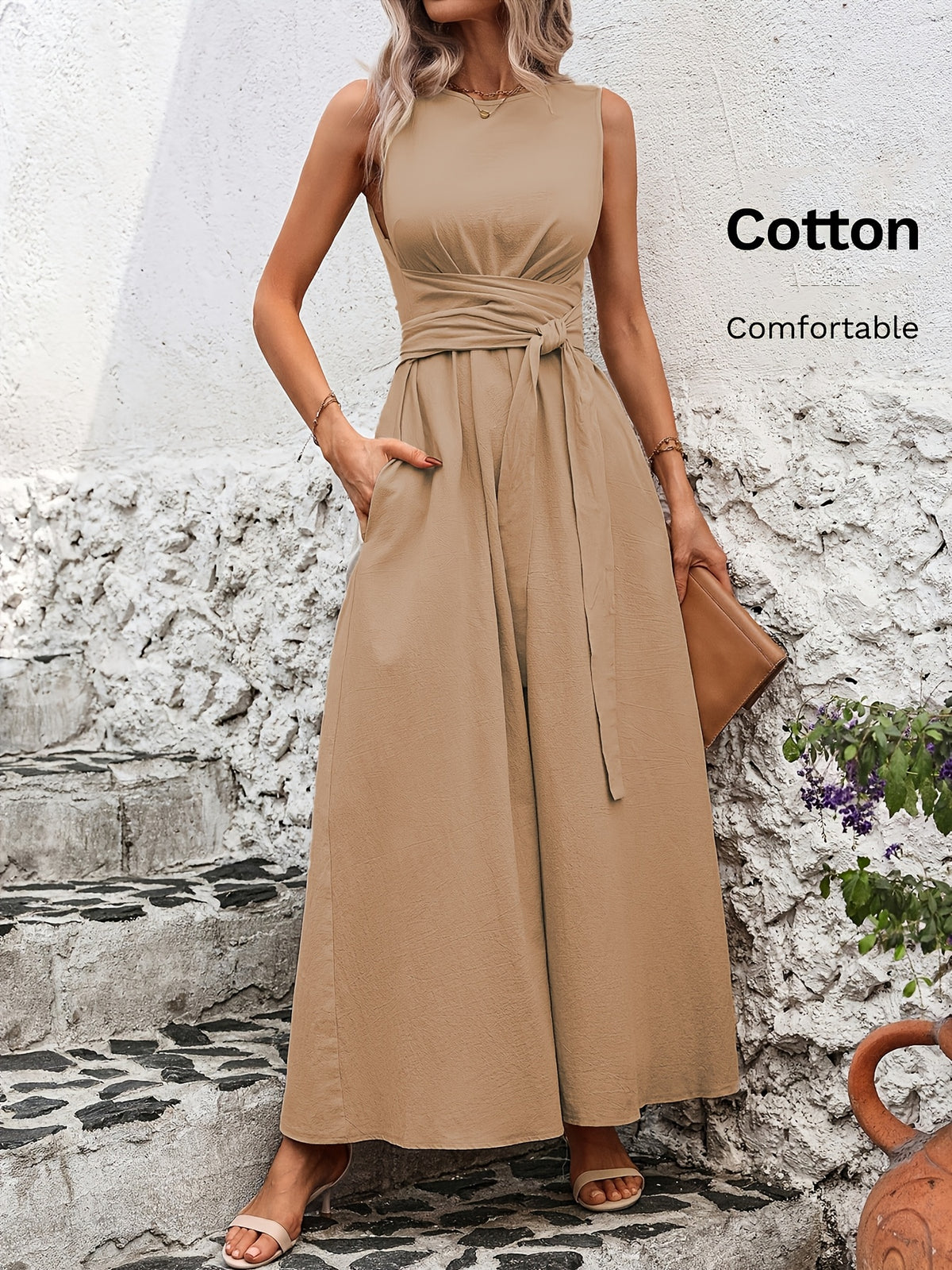 Caroline | Belted Wrap-Waist Sleeveless Maxi Dress for Women