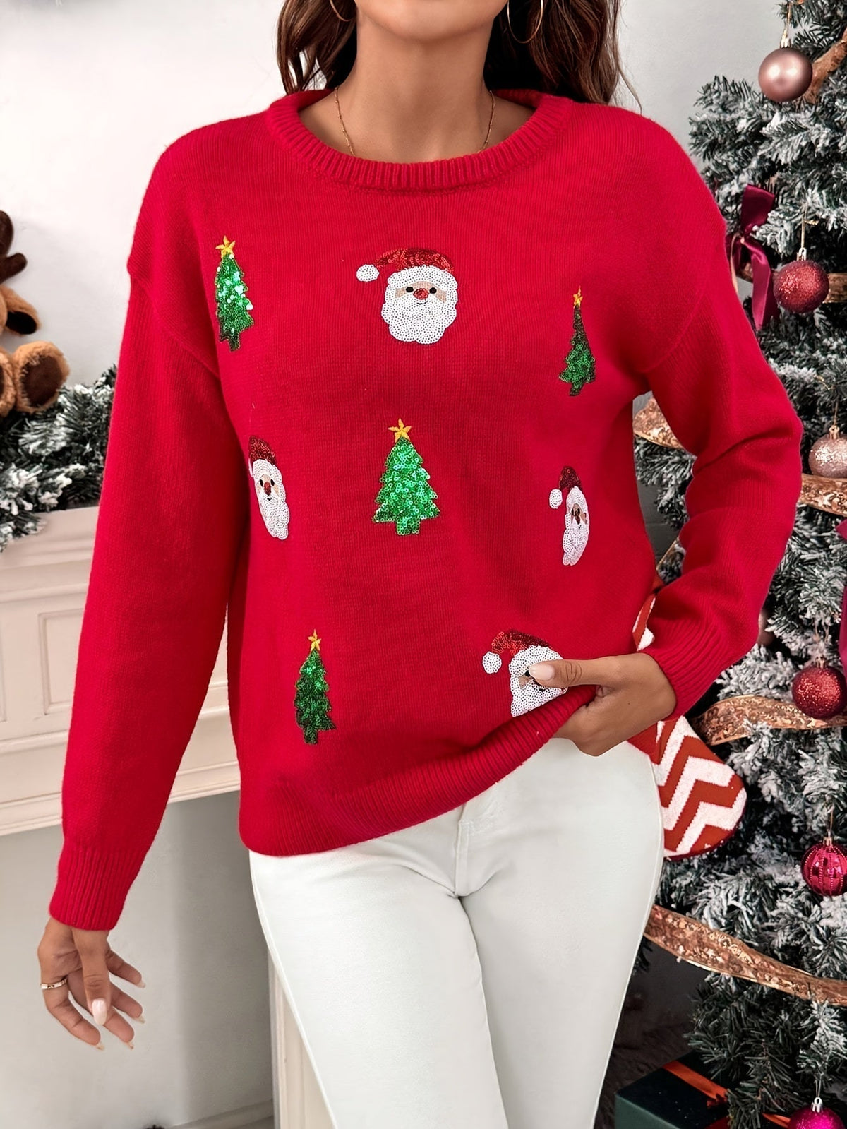Wilma | Red Crew Neck Christmas Sweater for Women