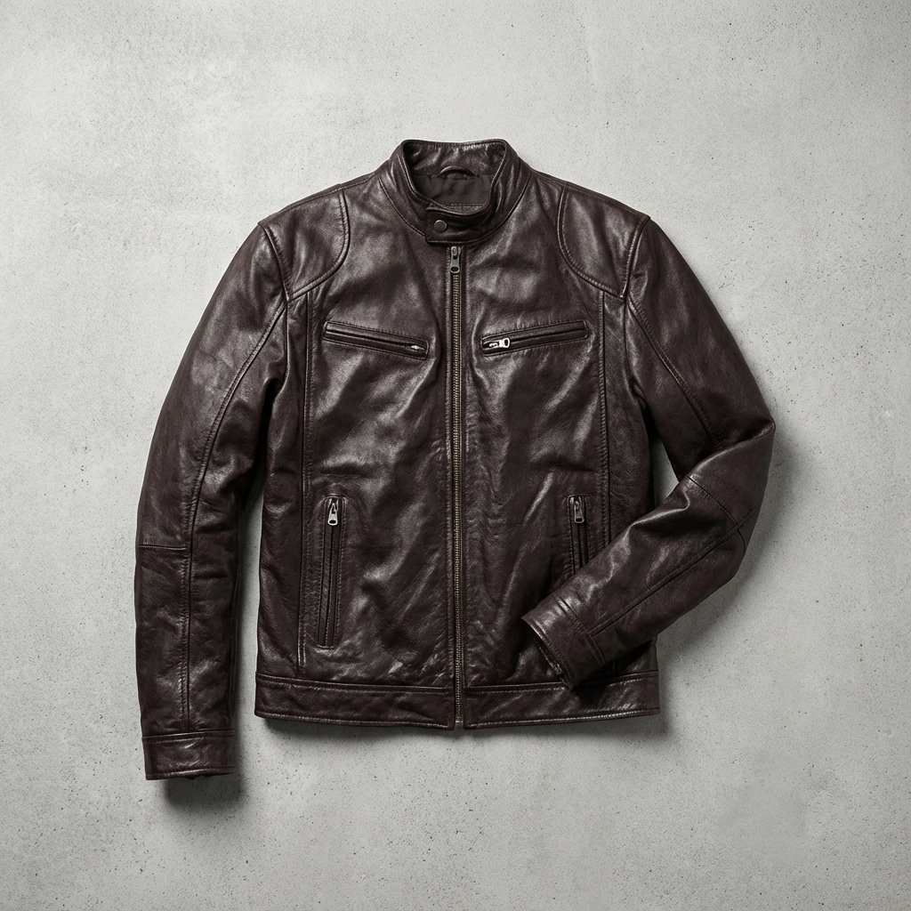 Dante | Leather Jacket with Slim Fit Band Collar for Men