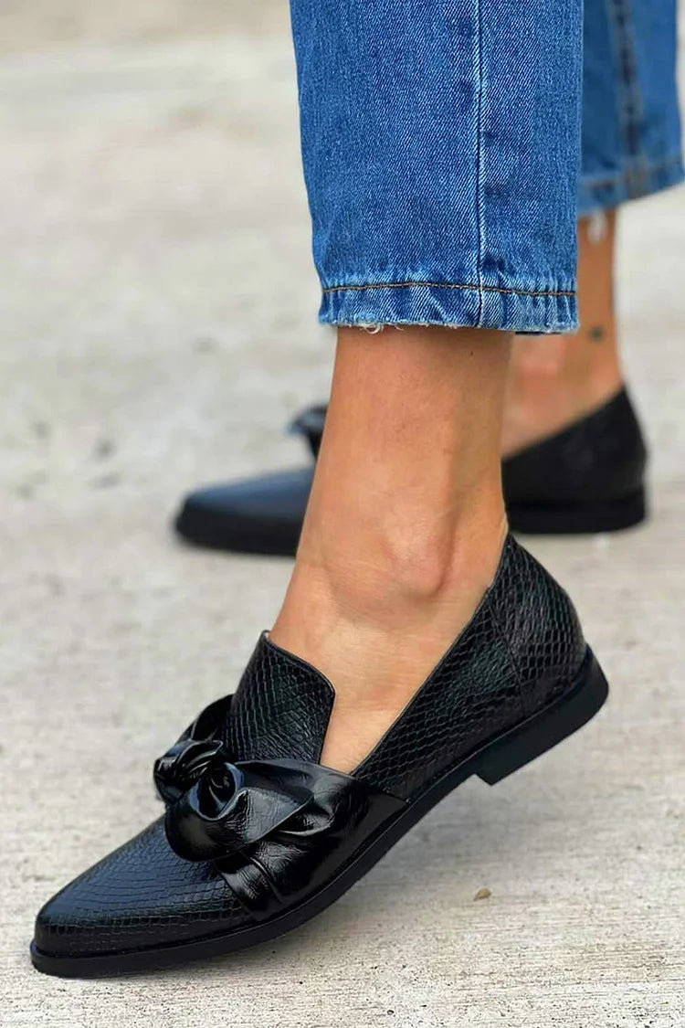 Isolde | Women's Black Slip-On Loafers with Bow Detail