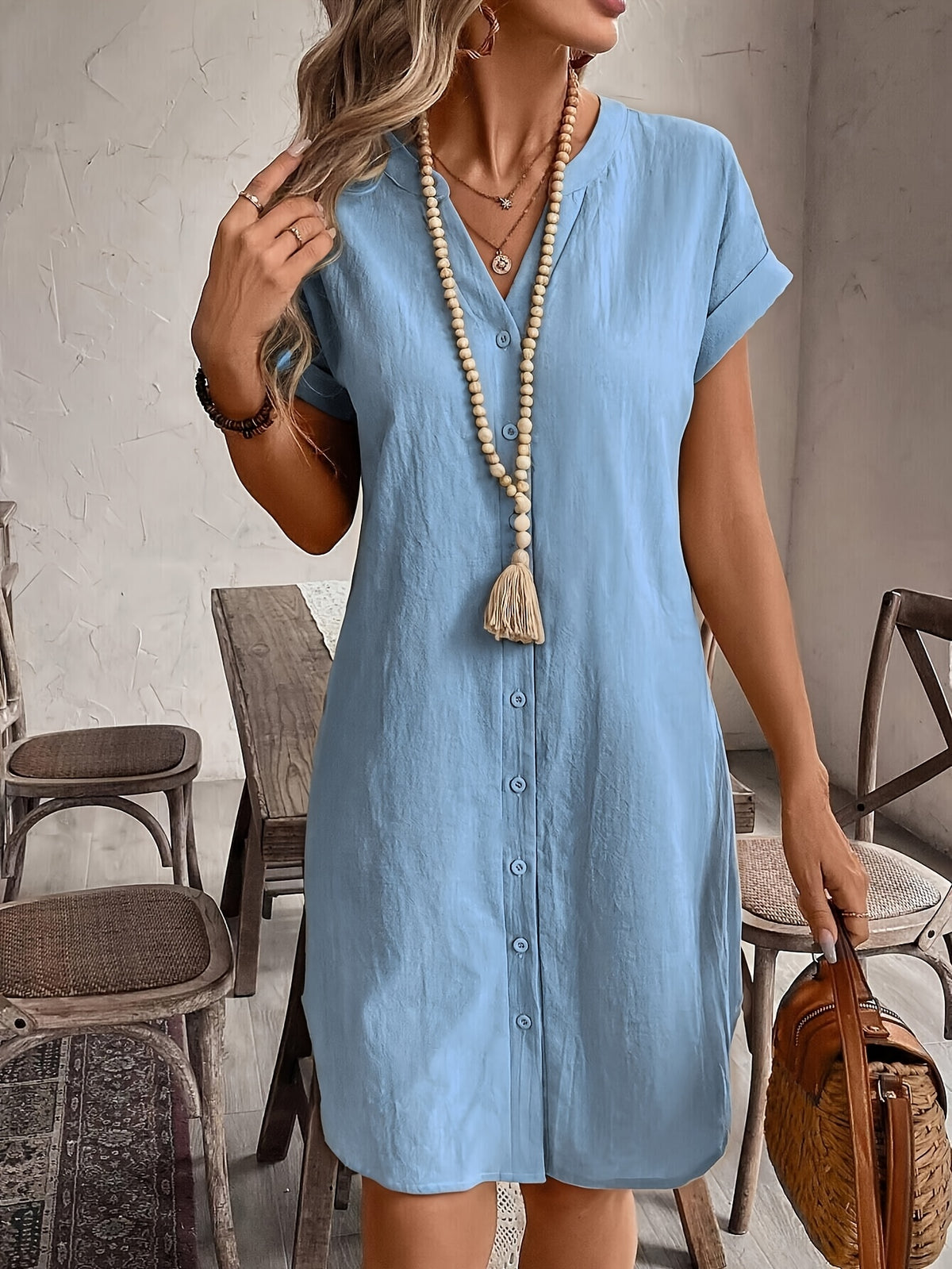 Carlijn | Button-Front Shift Dress with V-Neck for Women