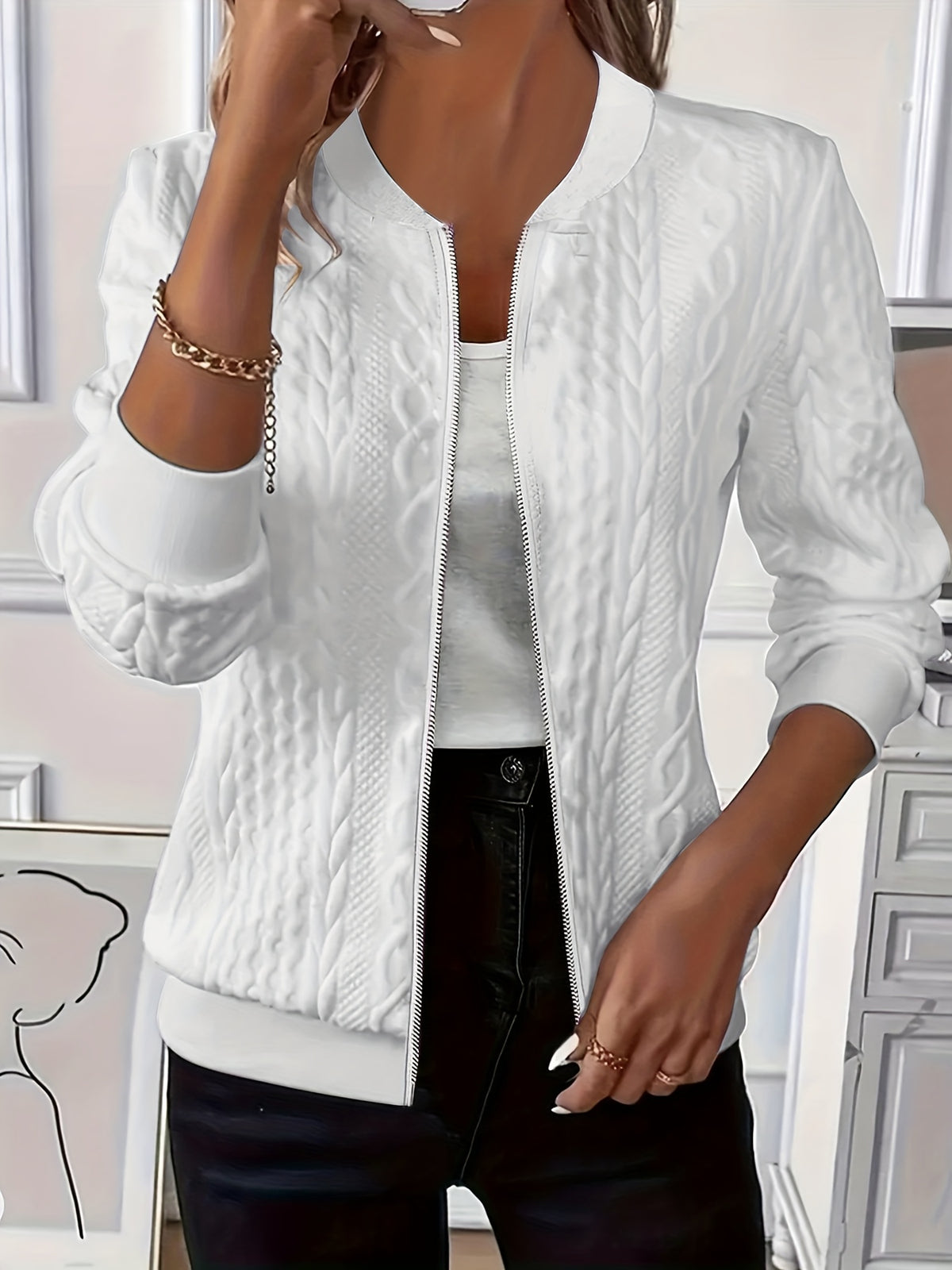 Odelia Cable-Textured Zip-Up Bomber Jacket for Women