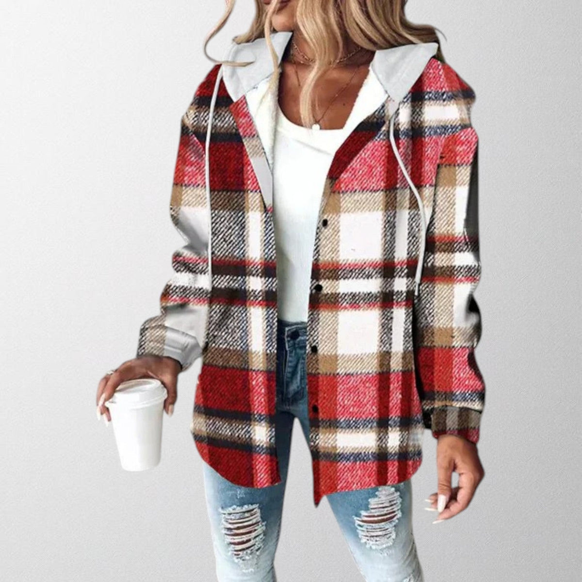 Nadelyn | Plaid Hooded Zip-Up Jacket with Side Pockets