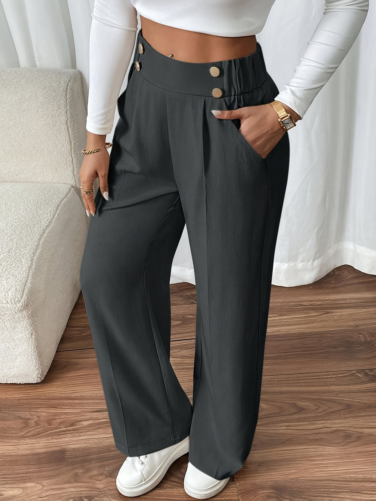 Evi High-Waist Wide-Leg Sweatpants with Button Flap for Women
