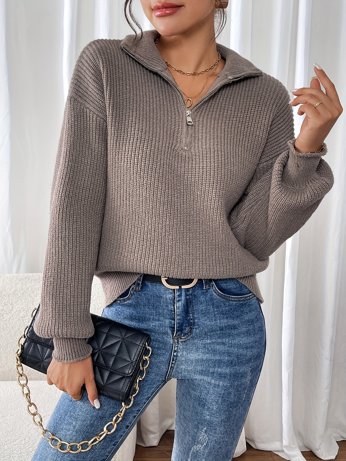 Dorothea | Ribbed Quarter Zip Sweater with Collar for Women