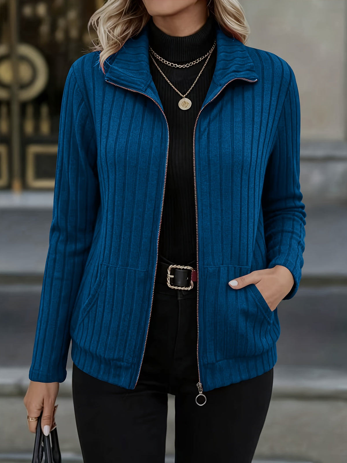 Priska | Ribbed Zip-Front Blazer Jacket with Pockets for Women