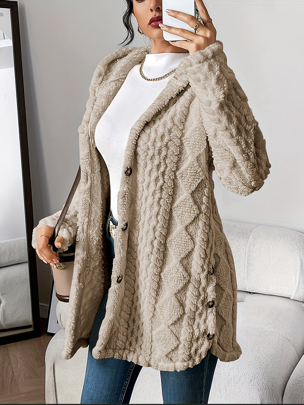 Christiane | Cable-Knit Textured Cardigan Coat with Hood