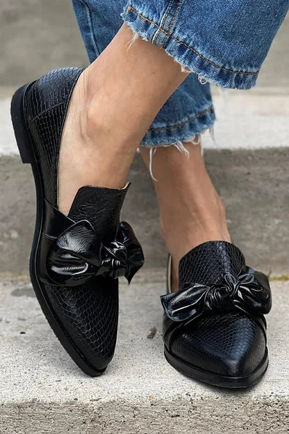 Isolde | Women's Black Slip-On Loafers with Bow Detail