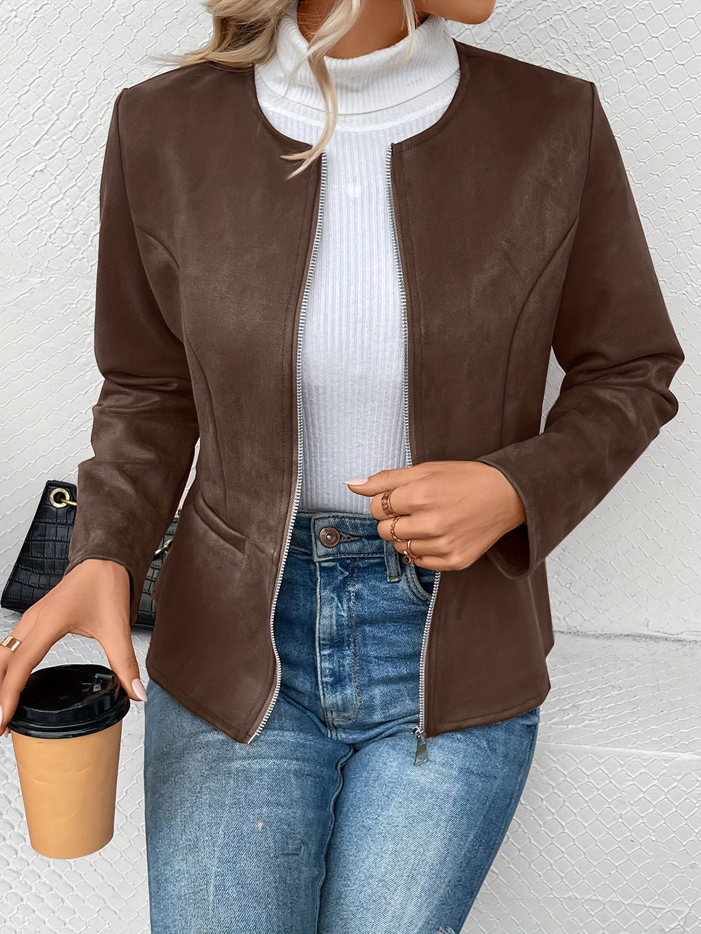 Claudia | Collarless Zip-Front Fitted Blazer Jacket for Women