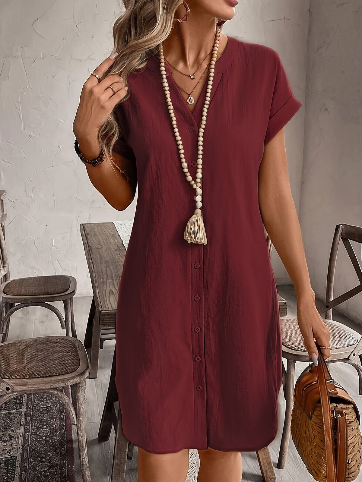Carlijn | Button-Front Shift Dress with V-Neck for Women