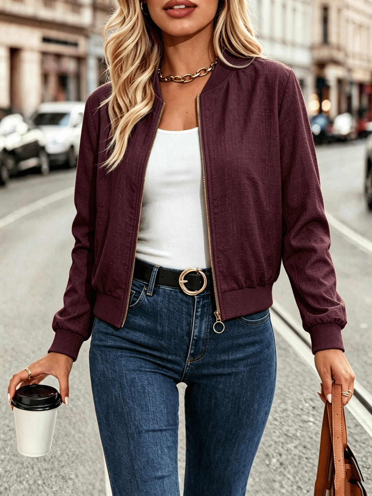 Bronwen | Zip-Front Bomber Jacket with Ribbed Trim for Women