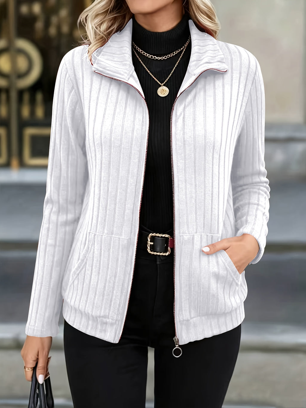 Priska | Ribbed Zip-Front Blazer Jacket with Pockets for Women