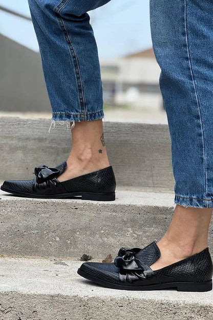 Isolde | Women's Black Slip-On Loafers with Bow Detail