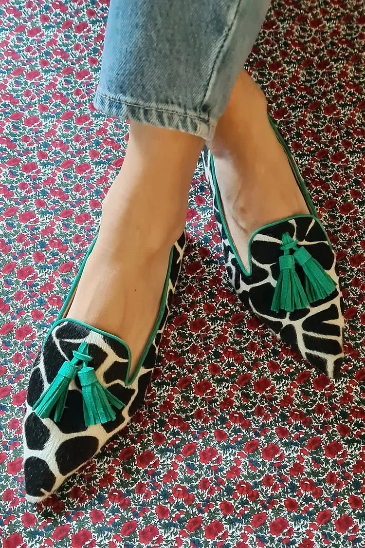 Capri | Women's Pointed Toe Loafers, Giraffe Print & Fringe