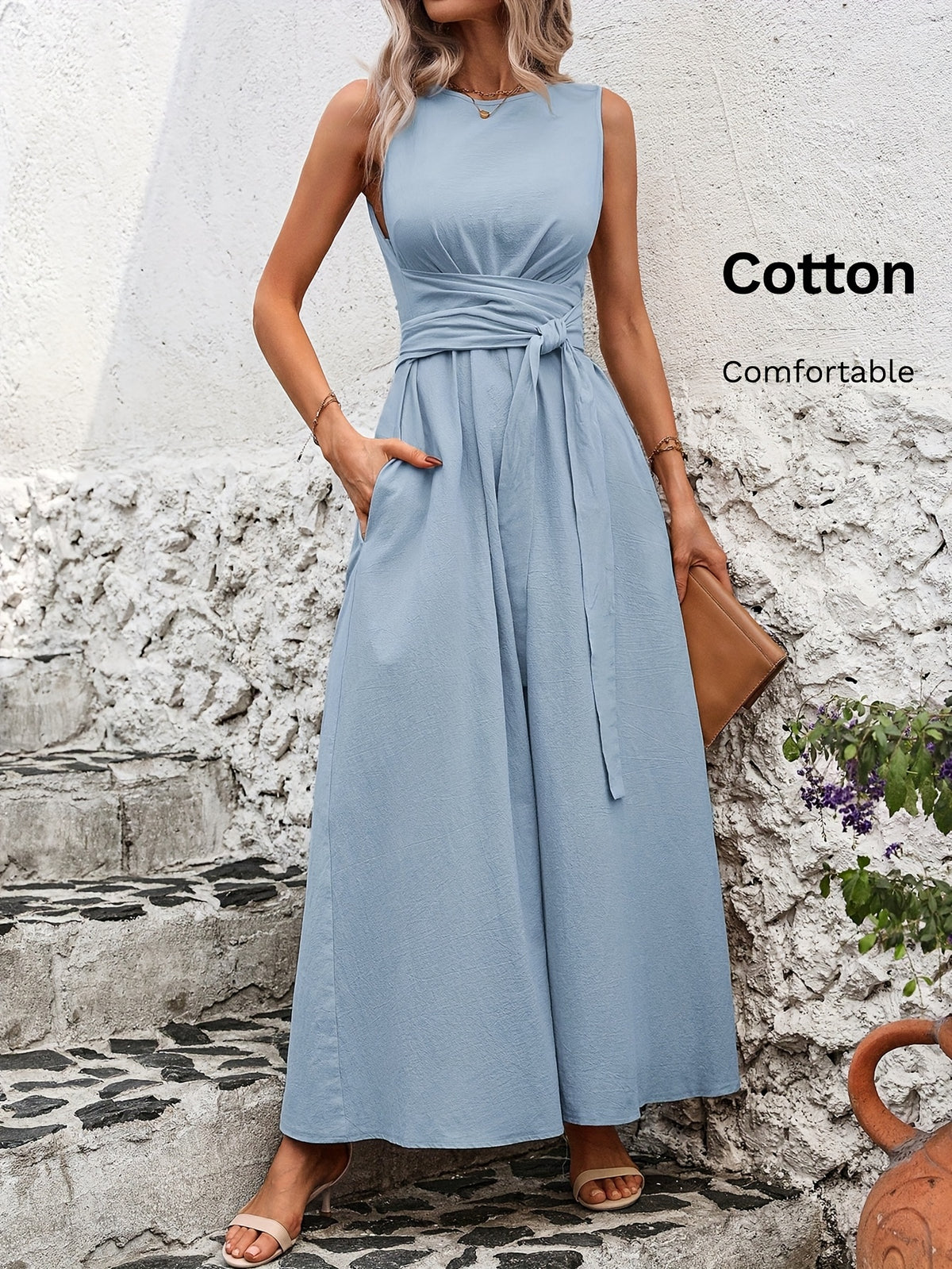 Caroline | Belted Wrap-Waist Sleeveless Maxi Dress for Women