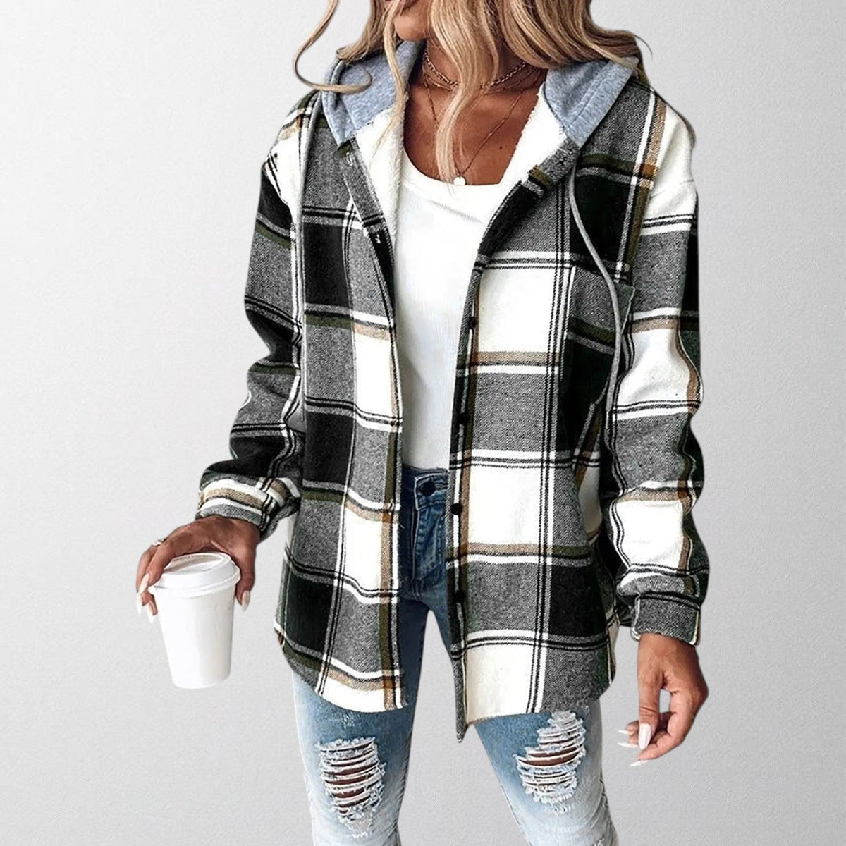 Nadelyn | Plaid Hooded Zip-Up Jacket with Side Pockets