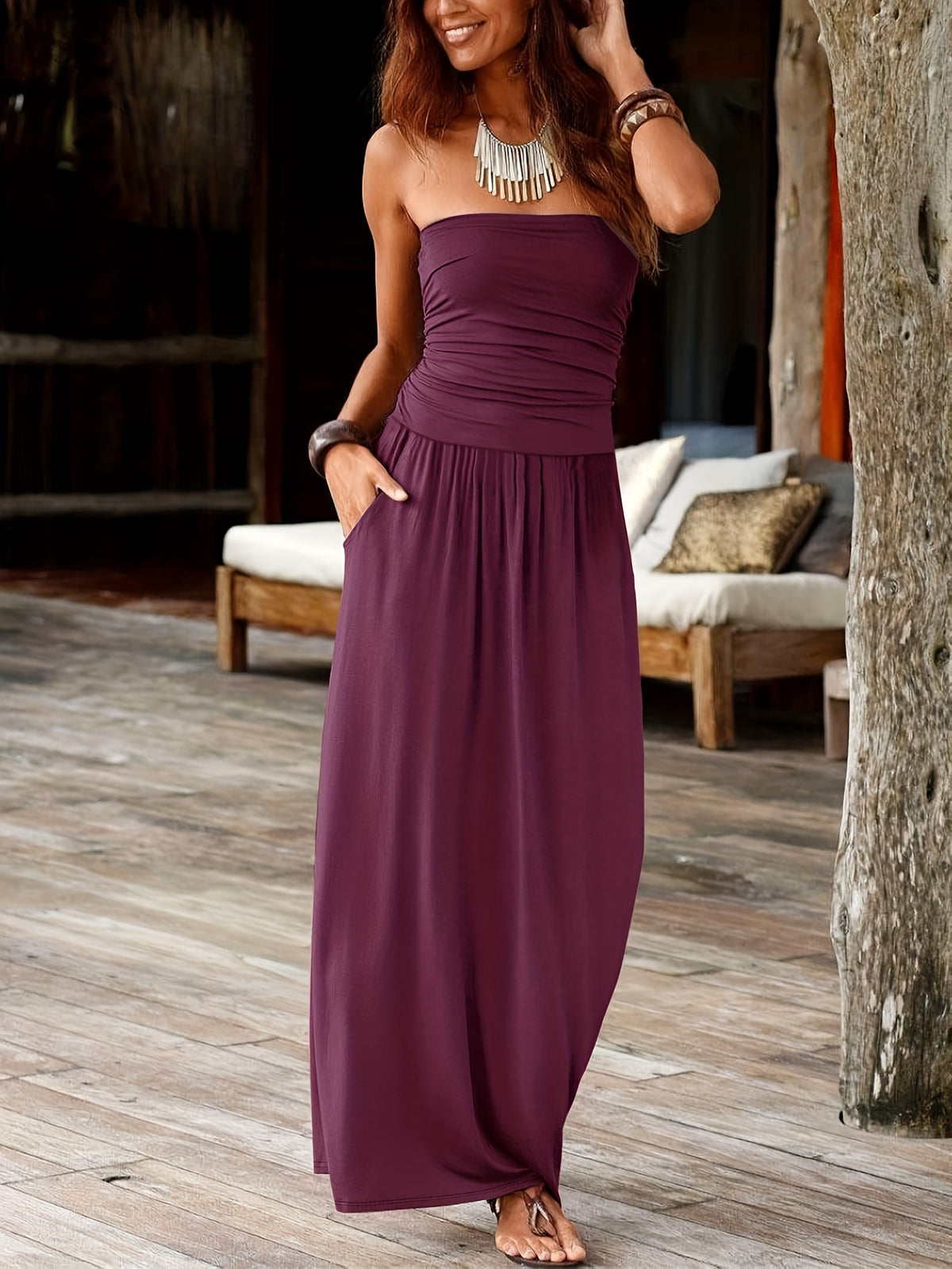 Catharina | Ruched Bandeau Maxi Dress with Pockets for Women