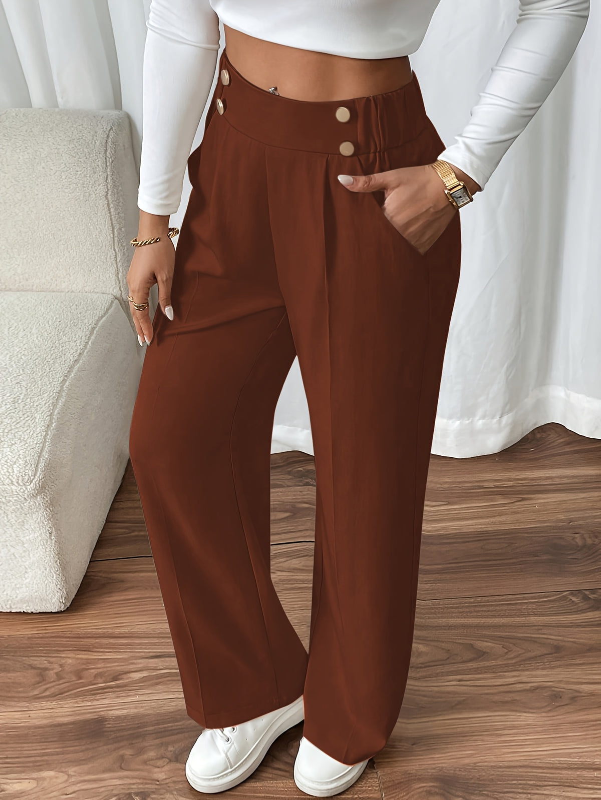 Evi High-Waist Wide-Leg Sweatpants with Button Flap for Women