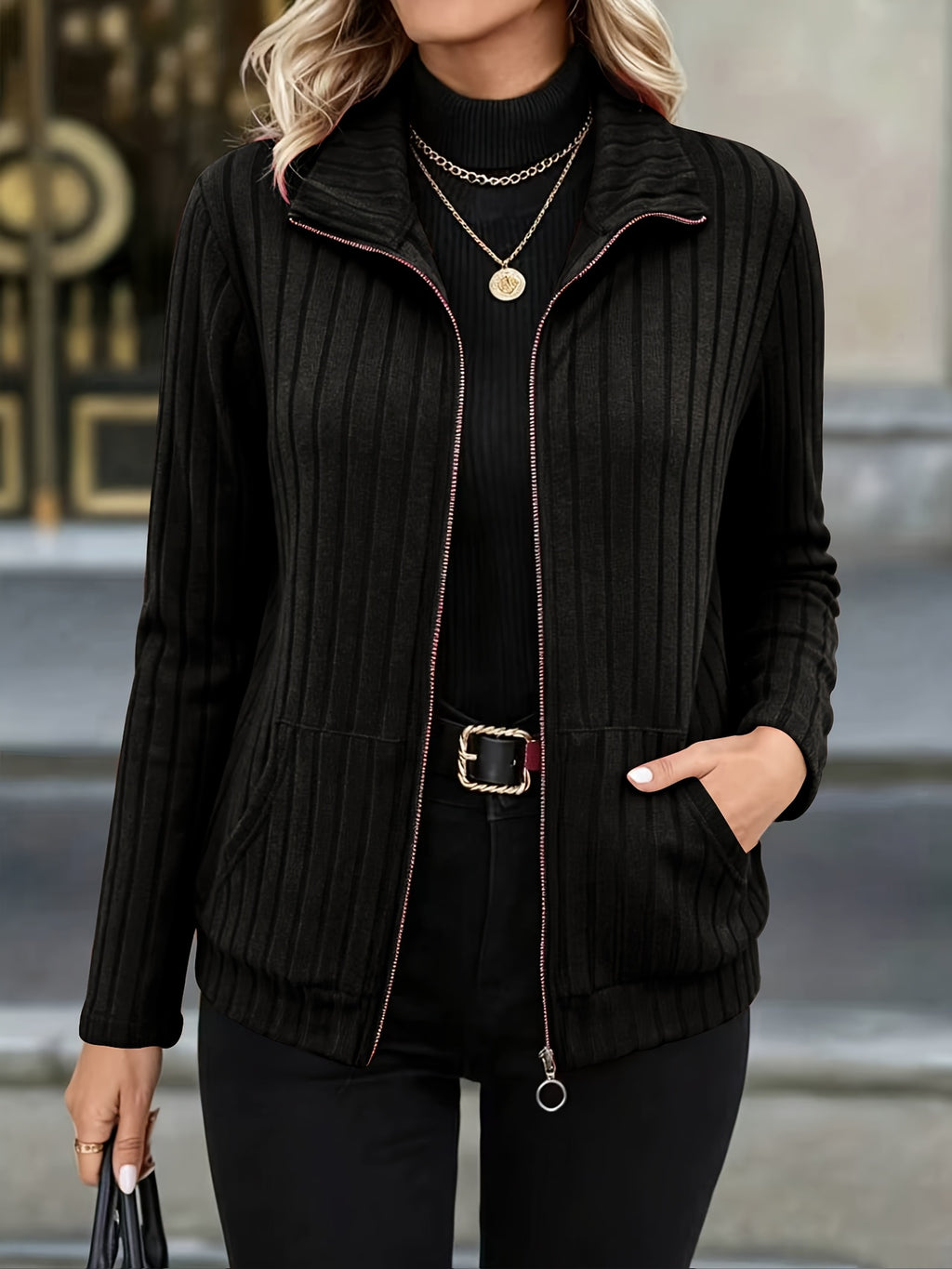 Priska | Ribbed Zip-Front Blazer Jacket with Pockets for Women