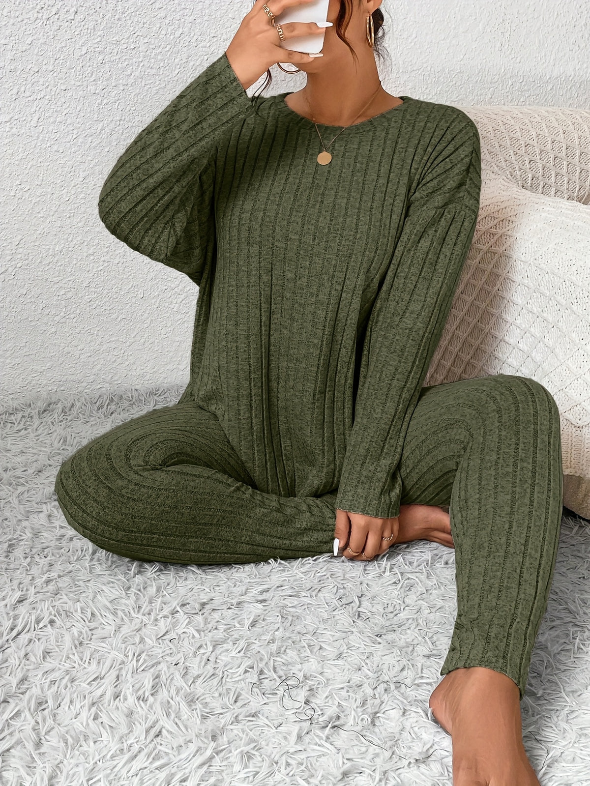 Gina | Ribbed Fleece Pajama Set with Long Sleeves for Women