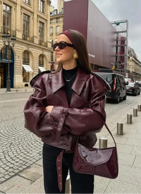 Pauline | Oversized Belted Red Leather Jacket for Women