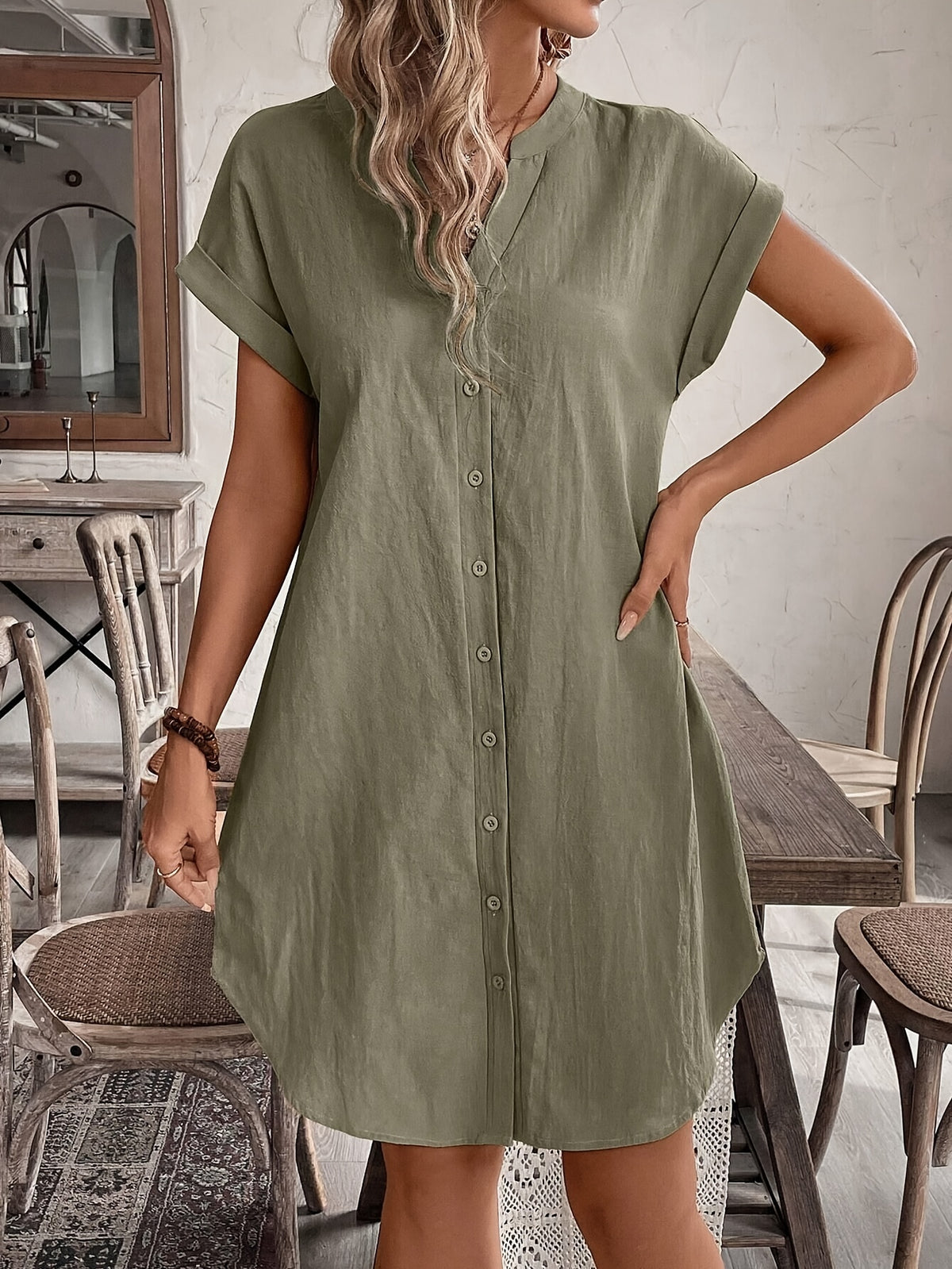 Carlijn | Button-Front Shift Dress with V-Neck for Women