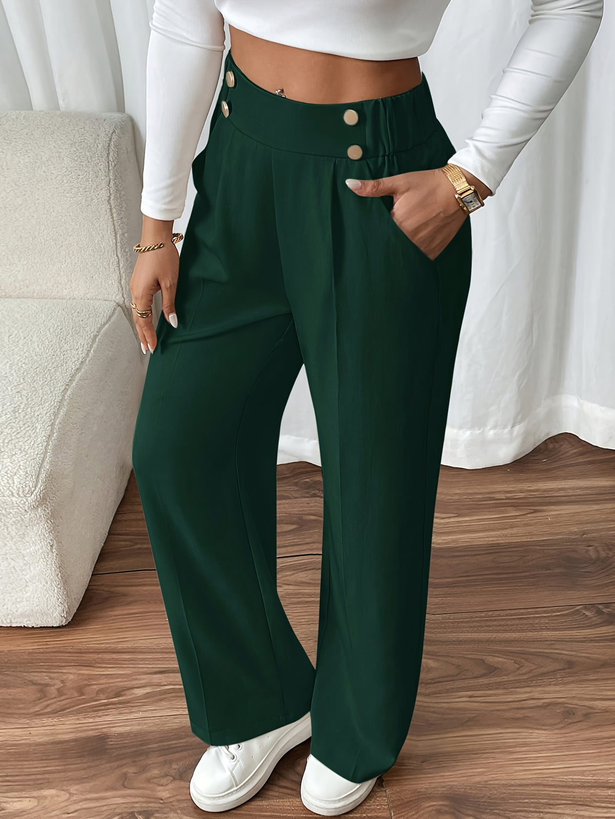Evi High-Waist Wide-Leg Sweatpants with Button Flap for Women