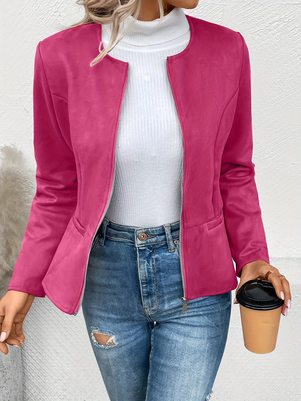 Claudia | Collarless Zip-Front Fitted Blazer Jacket for Women