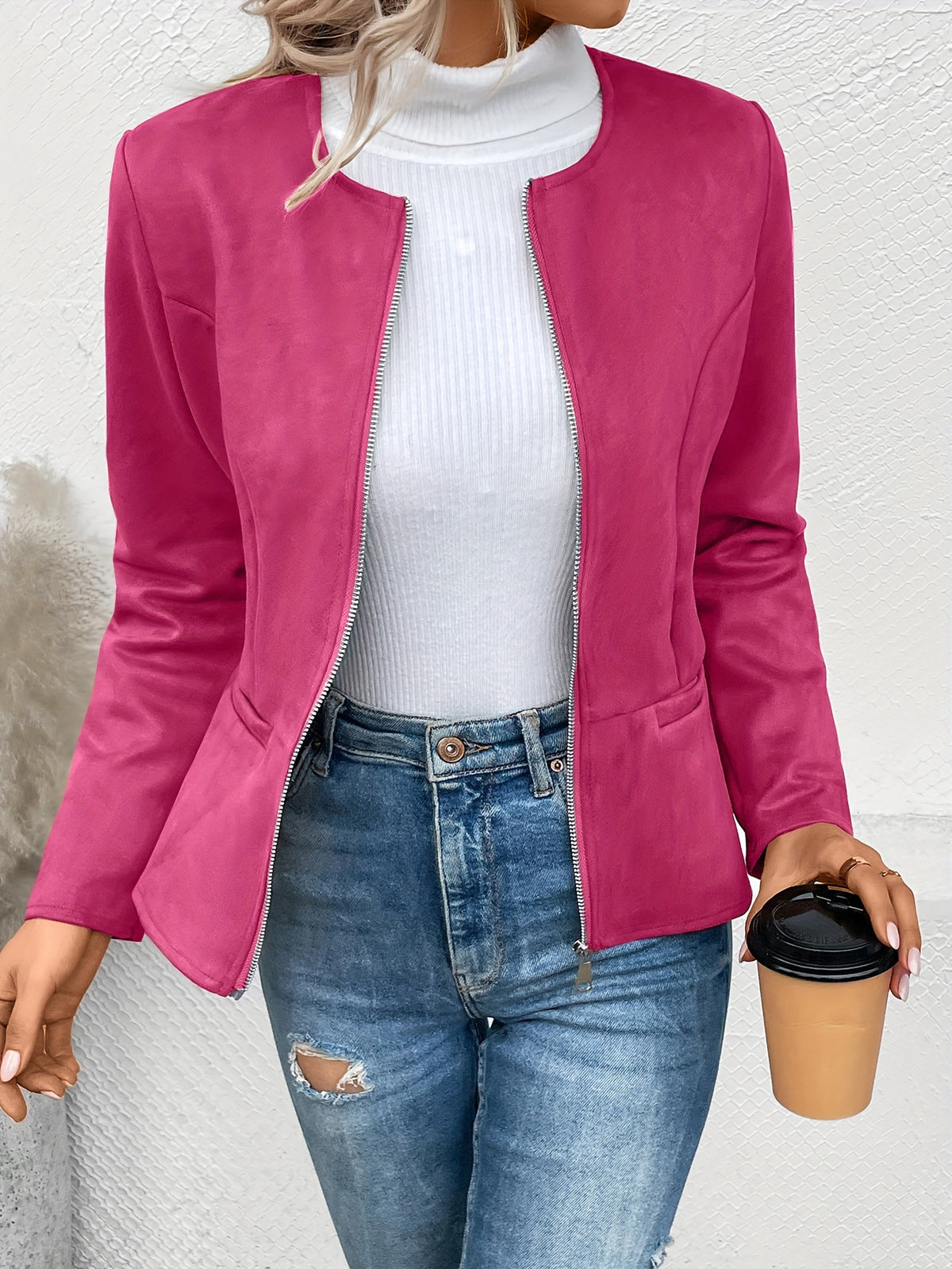 Claudia | Collarless Zip-Front Fitted Blazer Jacket for Women