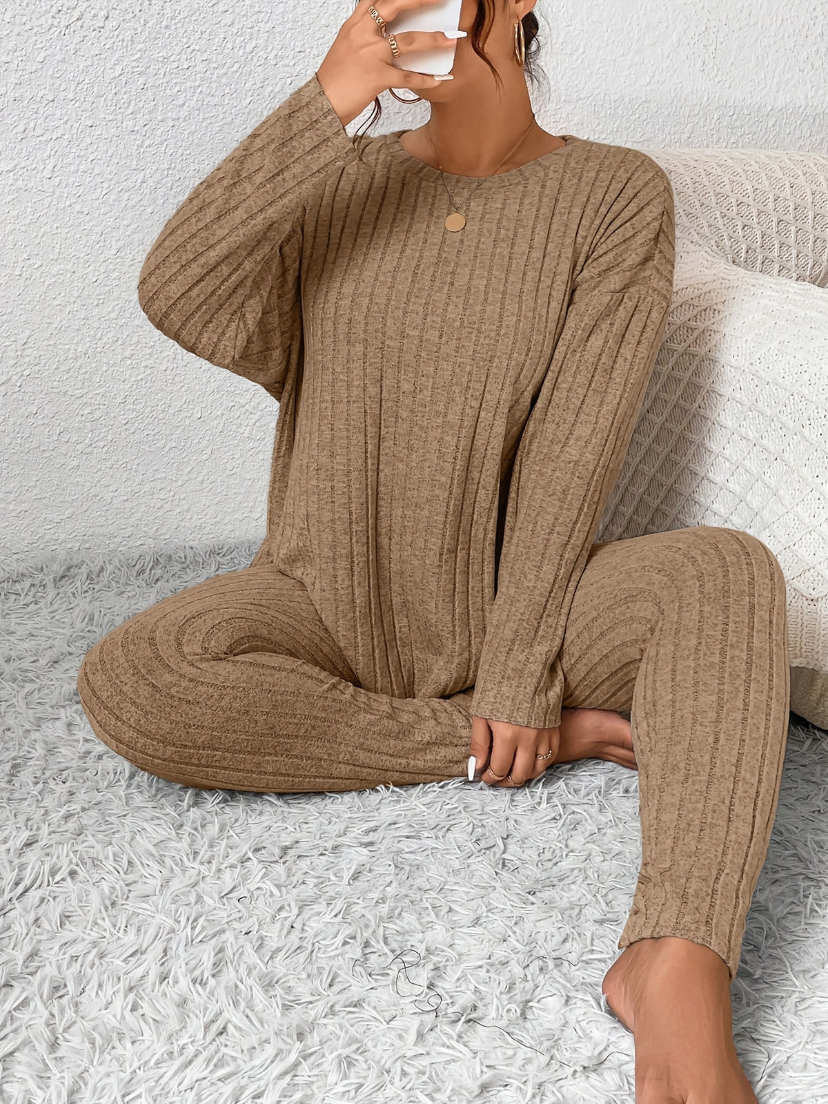 Gina | Ribbed Fleece Pajama Set with Long Sleeves for Women