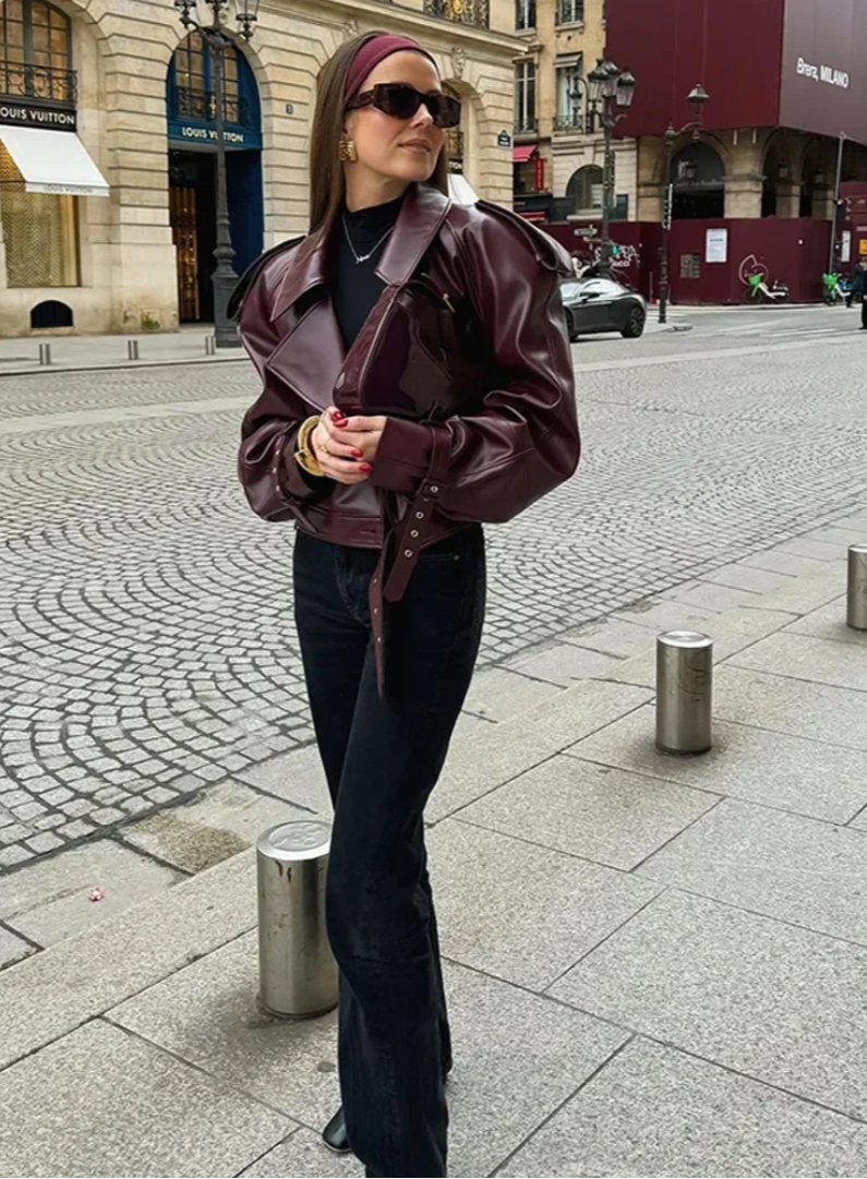 Pauline | Oversized Belted Red Leather Jacket for Women