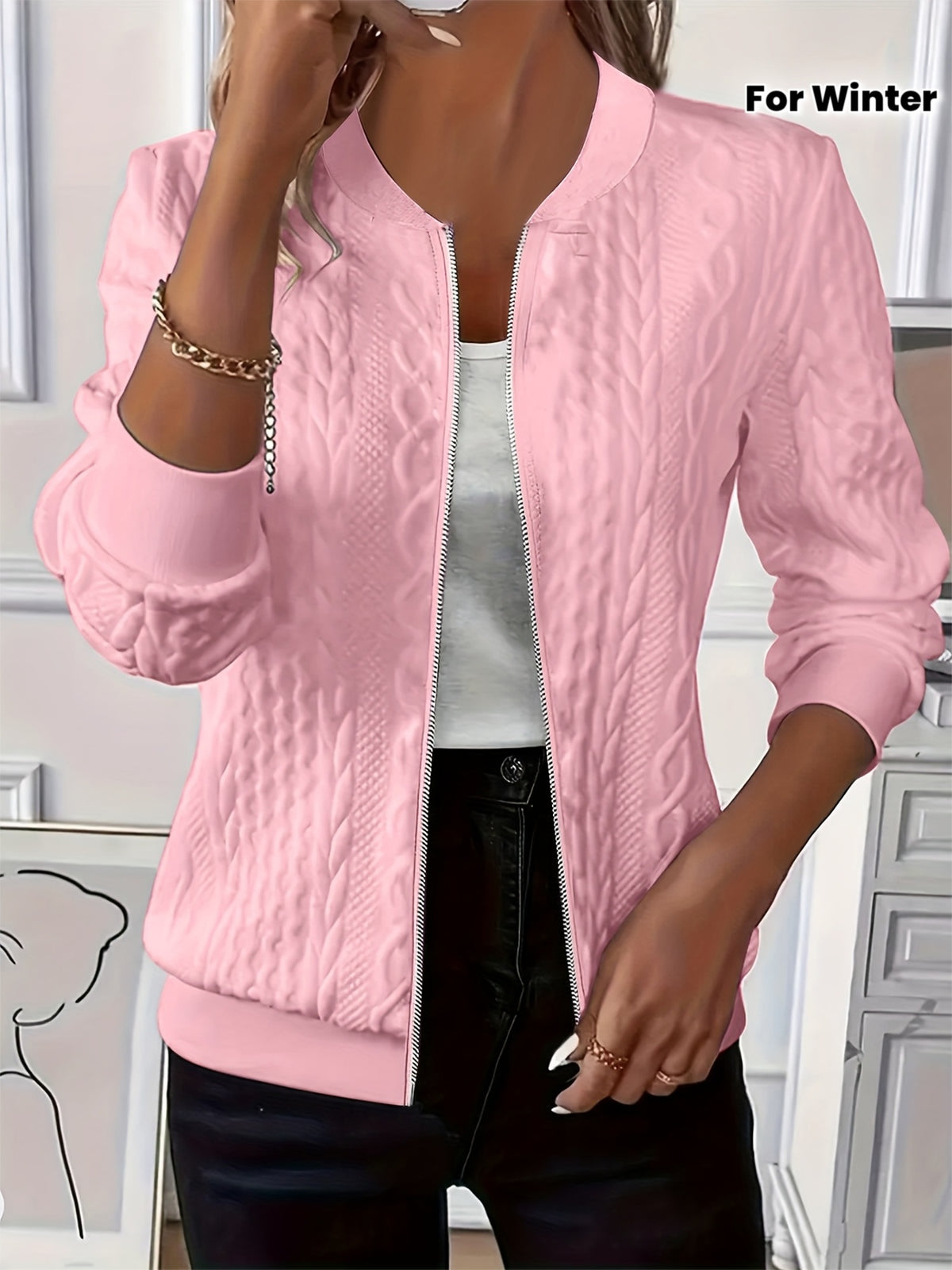 Odelia Cable-Textured Zip-Up Bomber Jacket for Women