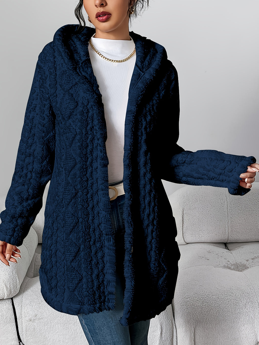 Christiane | Cable-Knit Textured Cardigan Coat with Hood