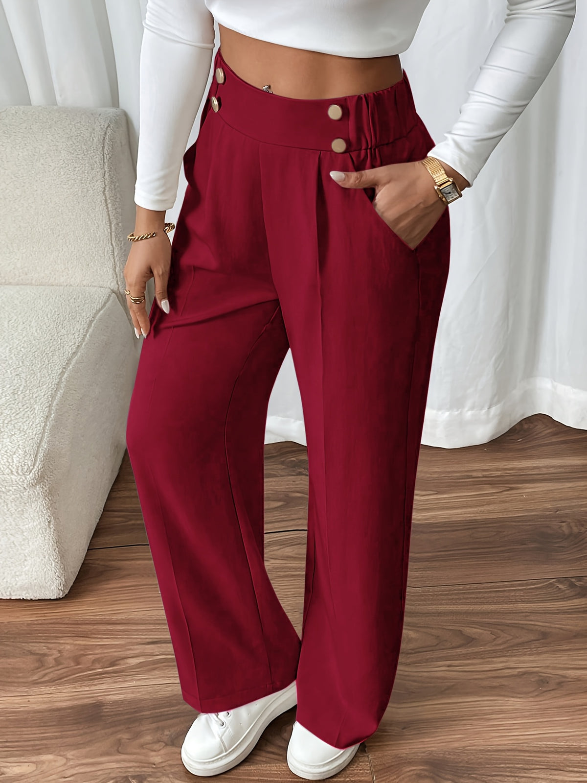 Evi High-Waist Wide-Leg Sweatpants with Button Flap for Women