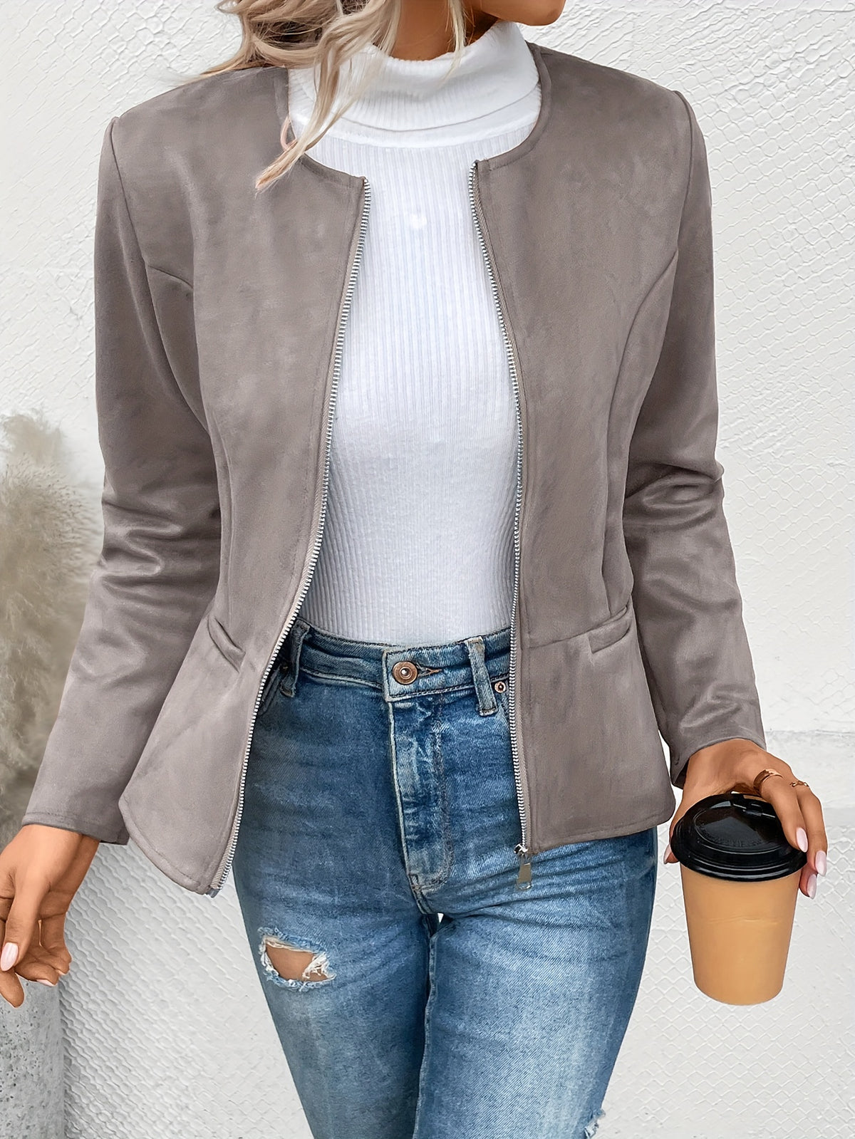 Claudia | Collarless Zip-Front Fitted Blazer Jacket for Women