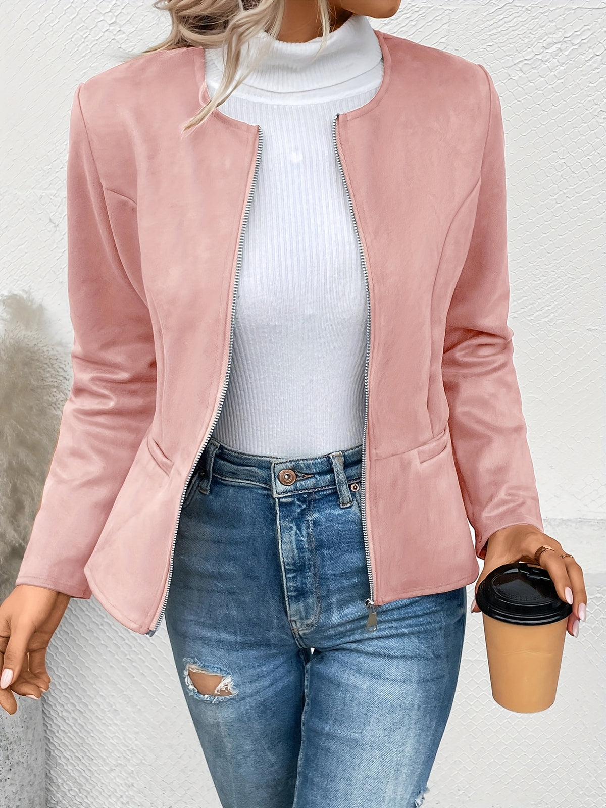 Claudia | Collarless Zip-Front Fitted Blazer Jacket for Women
