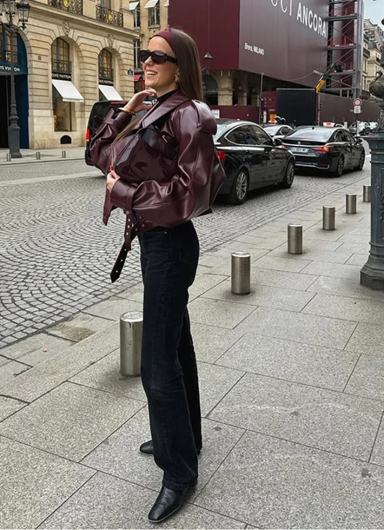 Pauline | Oversized Belted Red Leather Jacket for Women