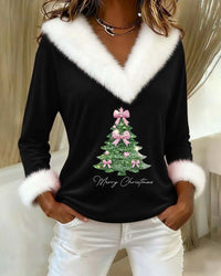 Margit | V-Neck Christmas Sweater with Faux Fur Trim for Women